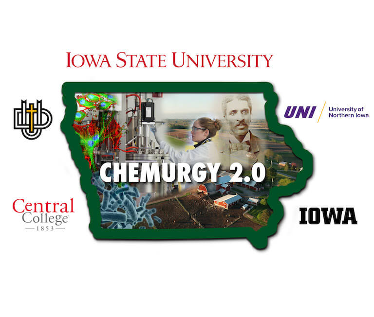 The Chemurgy 2.0 Logo along with the logos of ISU, UI, UNI, Central College, and Dordt.