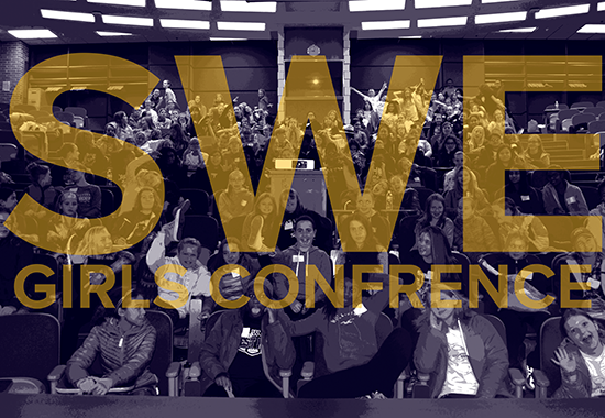 Link to Learn more and registration; Image of the words SWE Girls Conference over a group photo from a past conference event.  The 155 participants and volunteers are making silly faces.