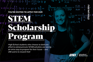 decorative image promoting the stem scholarship program, including a student proudly standing in front of a board full of math equations.